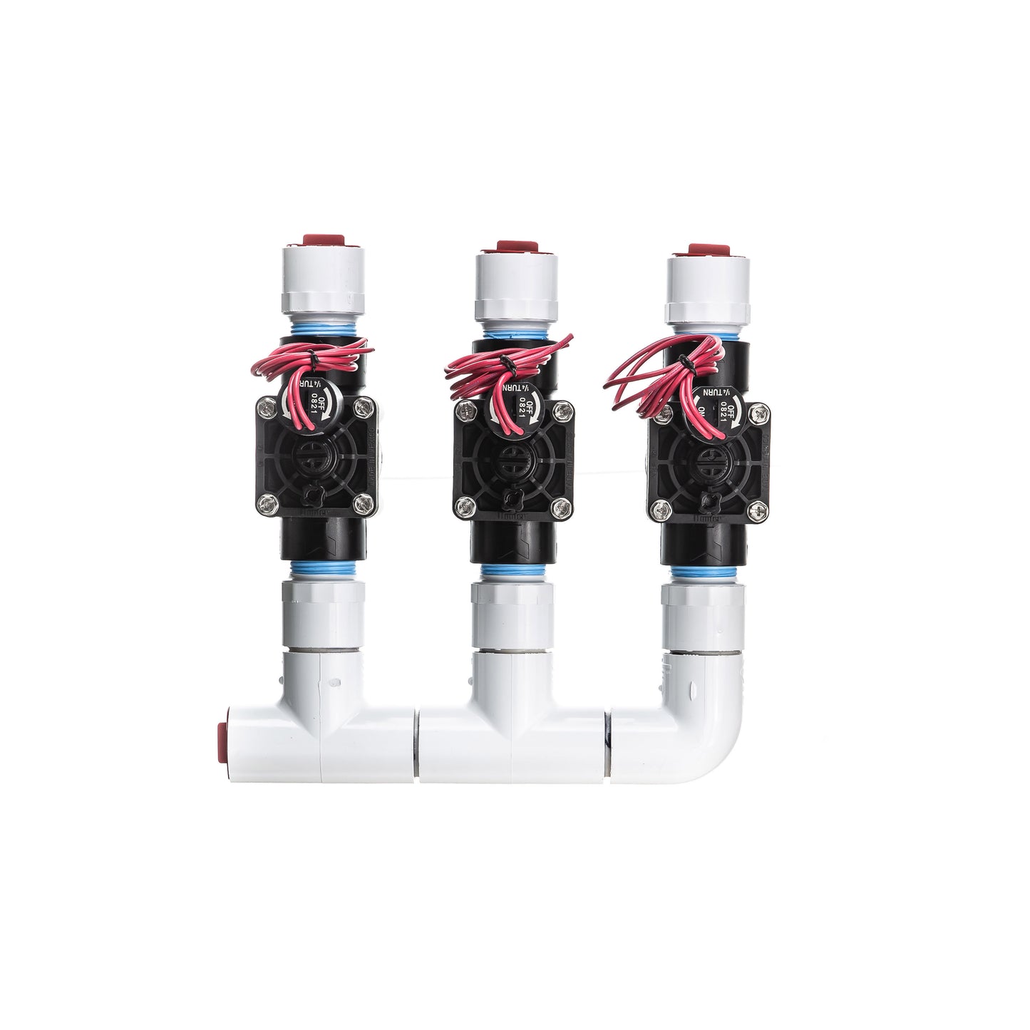 A top view of the preassembled 3-Zone Complete Manifold with Hunter® PGV Valves with included silicone filled wire nuts.