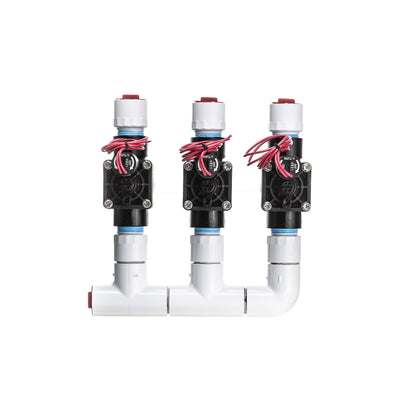 A top view of the preassembled 3-Zone Complete Manifold with Hunter® PGV Valves with included silicone filled wire nuts.