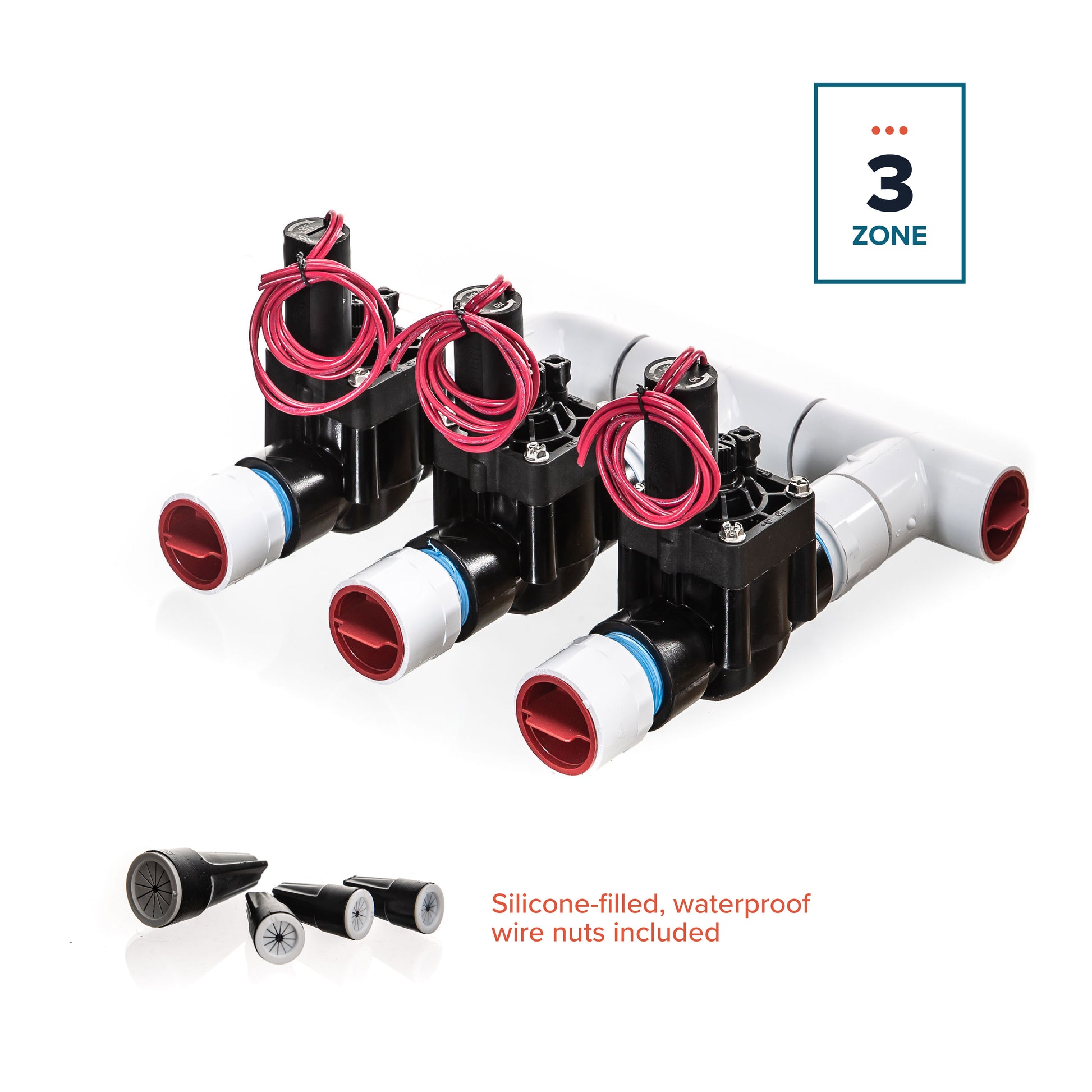 A full view of the preassembled 3-Zone Complete Manifold with Hunter® PGV Valves with included silicone filled wire nuts.