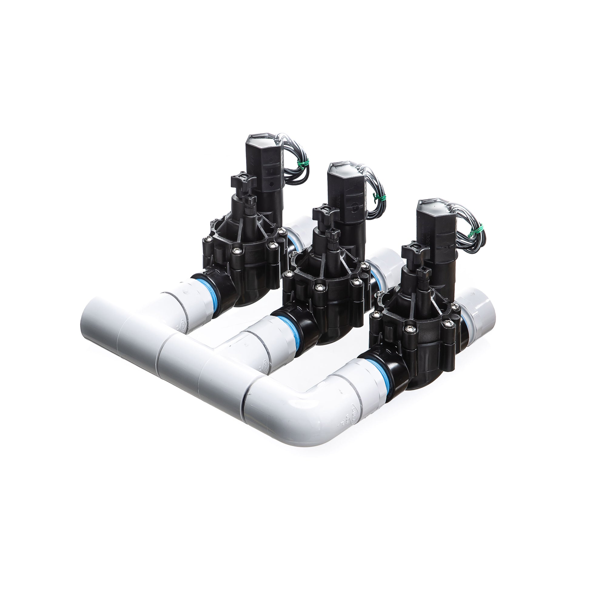 A rear view of the 3-Zone Complete Manifold with Rain Bird® DVF Valves with included silicone filled wire nuts. 
