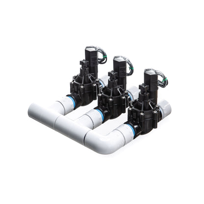 A rear view of the 3-Zone Complete Manifold with Rain Bird® DVF Valves with included silicone filled wire nuts. 
