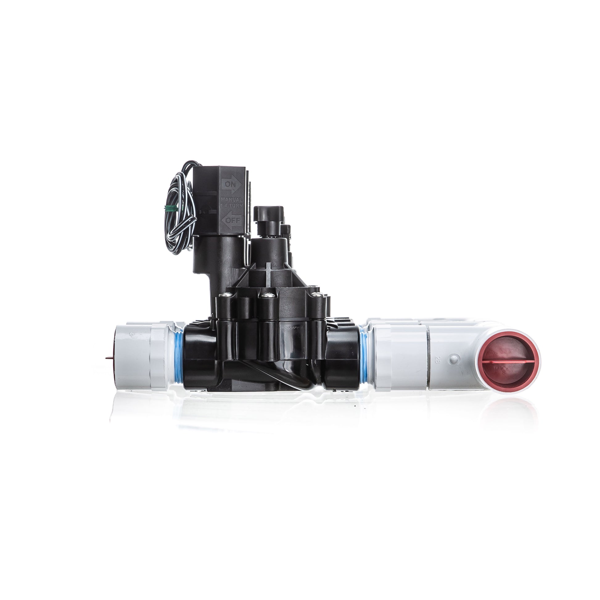 A side view of the 3-Zone Complete Manifold with Rain Bird® DVF Valves with included silicone filled wire nuts. 