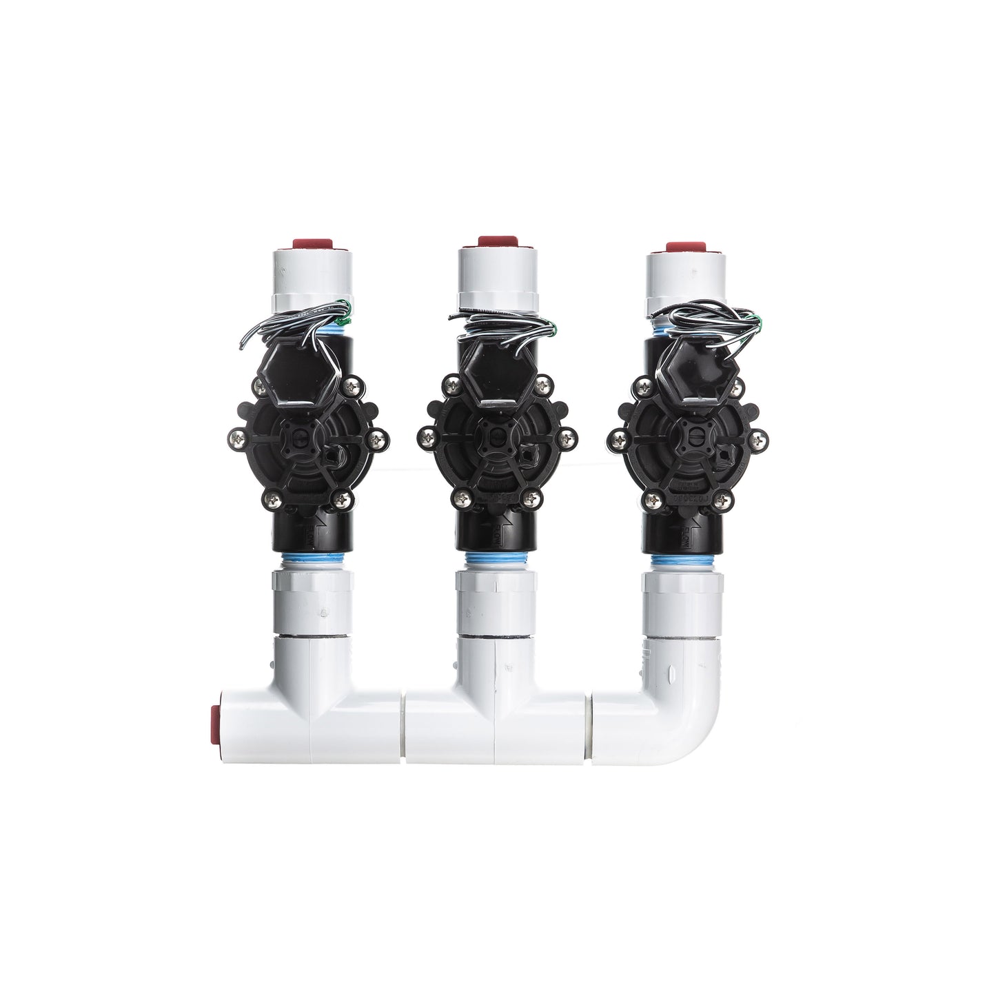 A top view of the 3-Zone Complete Manifold with Rain Bird® DVF Valves with included silicone filled wire nuts. 
