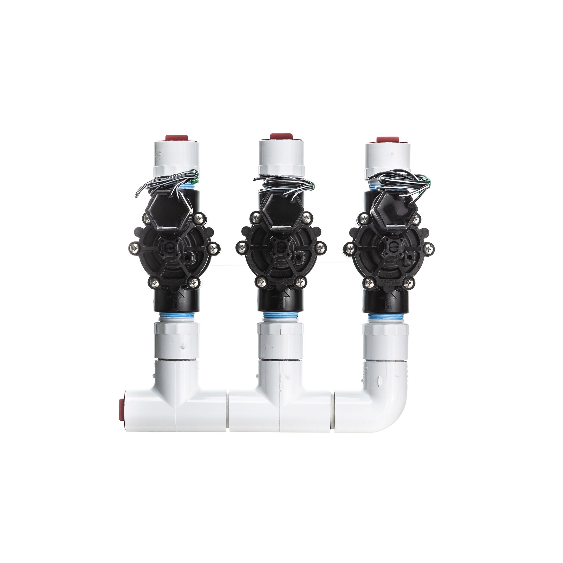 A top view of the 3-Zone Complete Manifold with Rain Bird® DVF Valves with included silicone filled wire nuts. 