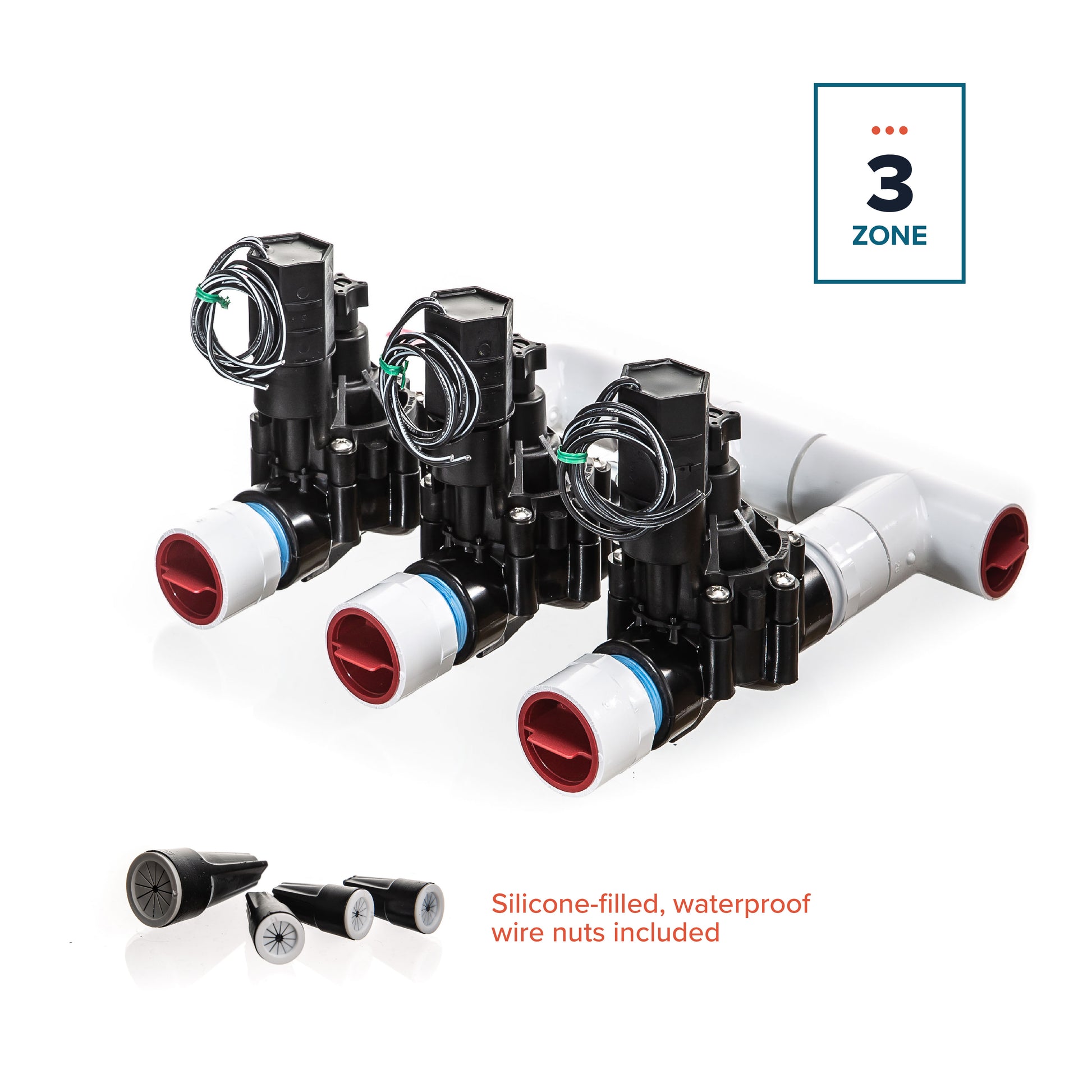 A full view of the 3-Zone Complete Manifold with Rain Bird® DVF Valves with included silicone filled wire nuts. 