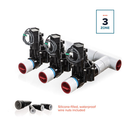 A full view of the 3-Zone Complete Manifold with Rain Bird® DVF Valves with included silicone filled wire nuts. 