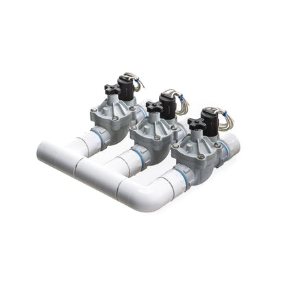 A rear view of the 3-zone Sprinkland preassembled sprinkler manifold with Weathermatic SB threaded valves, PVC construction, and silicone-filled waterproof wire nuts.
