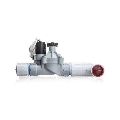 A side view of the 3-zone Sprinkland preassembled sprinkler manifold with Weathermatic SB threaded valves, PVC construction, and silicone-filled waterproof wire nuts.