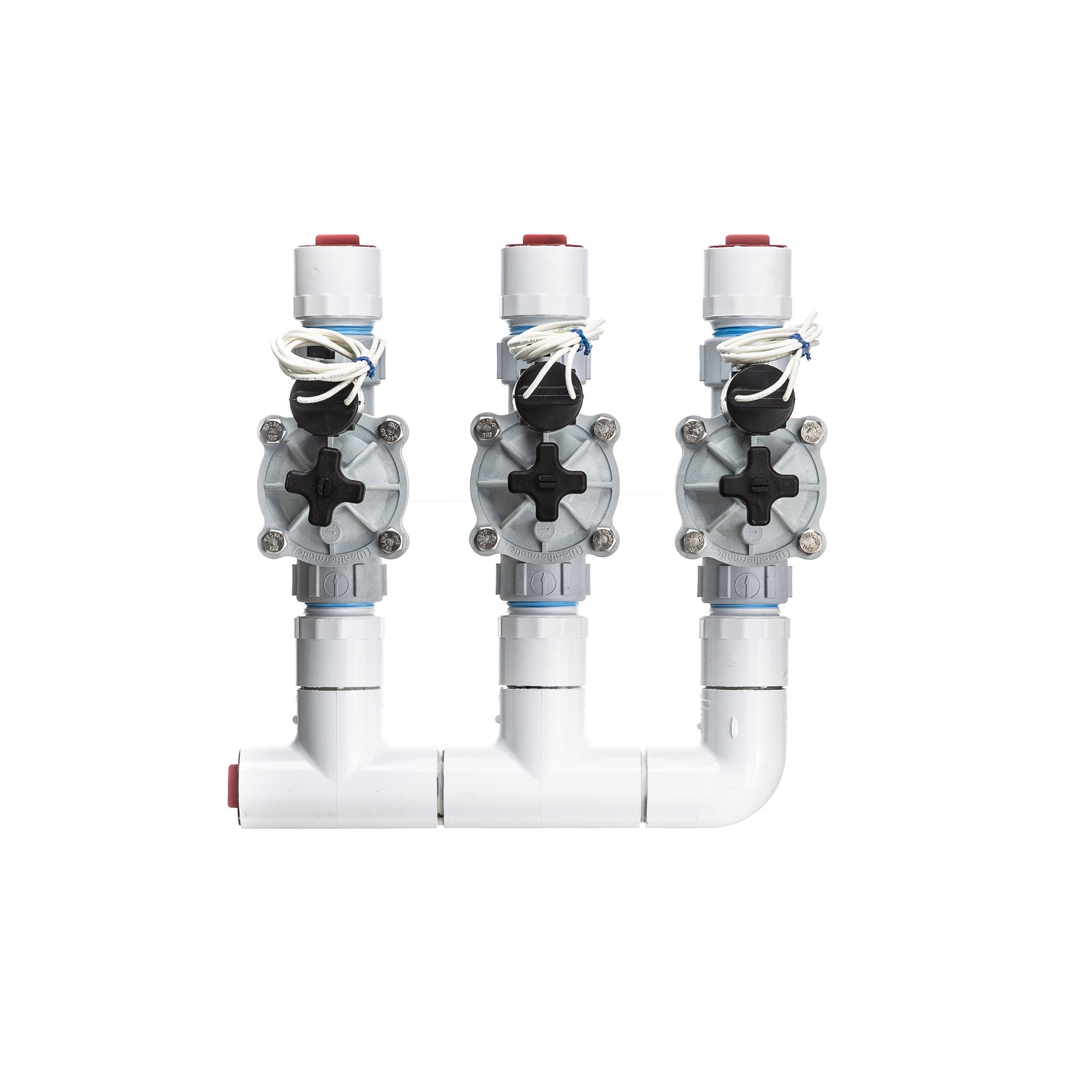 A top view of the 3-zone Sprinkland preassembled sprinkler manifold with Weathermatic SB threaded valves, PVC construction, and silicone-filled waterproof wire nuts.