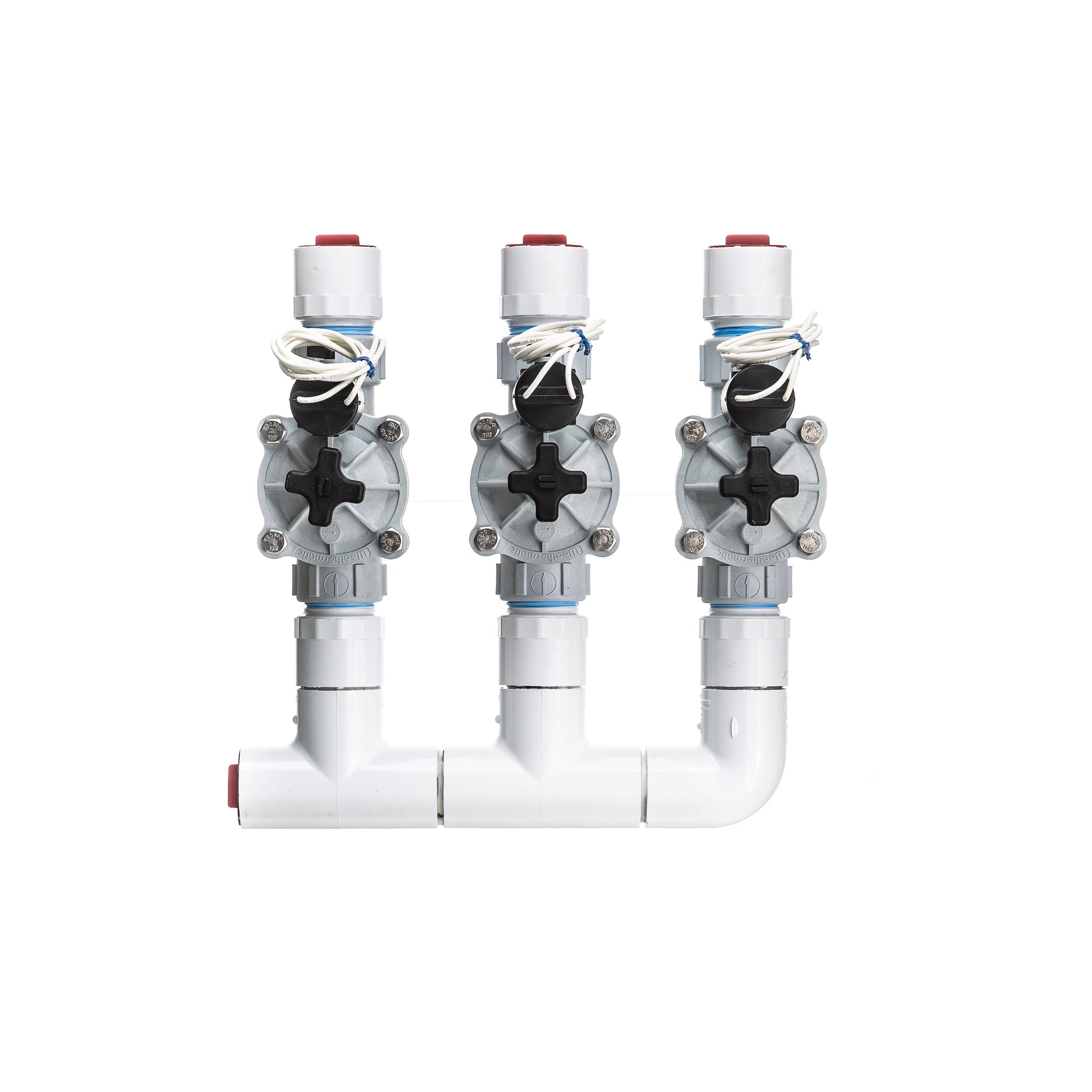 A top view of the 3-zone Sprinkland preassembled sprinkler manifold with Weathermatic SB threaded valves, PVC construction, and silicone-filled waterproof wire nuts.