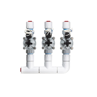 A top view of the 3-zone Sprinkland preassembled sprinkler manifold with Weathermatic SB threaded valves, PVC construction, and silicone-filled waterproof wire nuts.