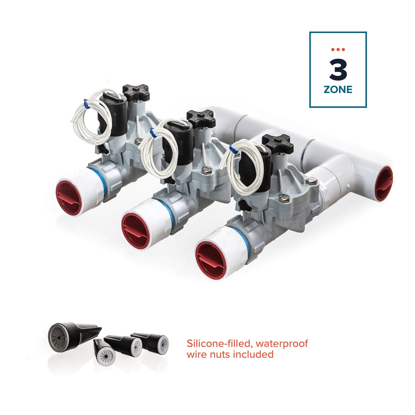 A overview of the 3-zone Sprinkland preassembled sprinkler manifold with Weathermatic SB threaded valves, PVC construction, and silicone-filled waterproof wire nuts.