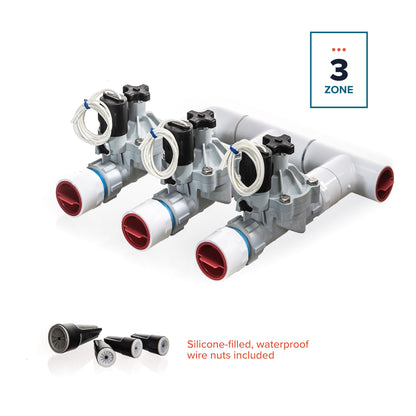 A overview of the 3-zone Sprinkland preassembled sprinkler manifold with Weathermatic SB threaded valves, PVC construction, and silicone-filled waterproof wire nuts.
