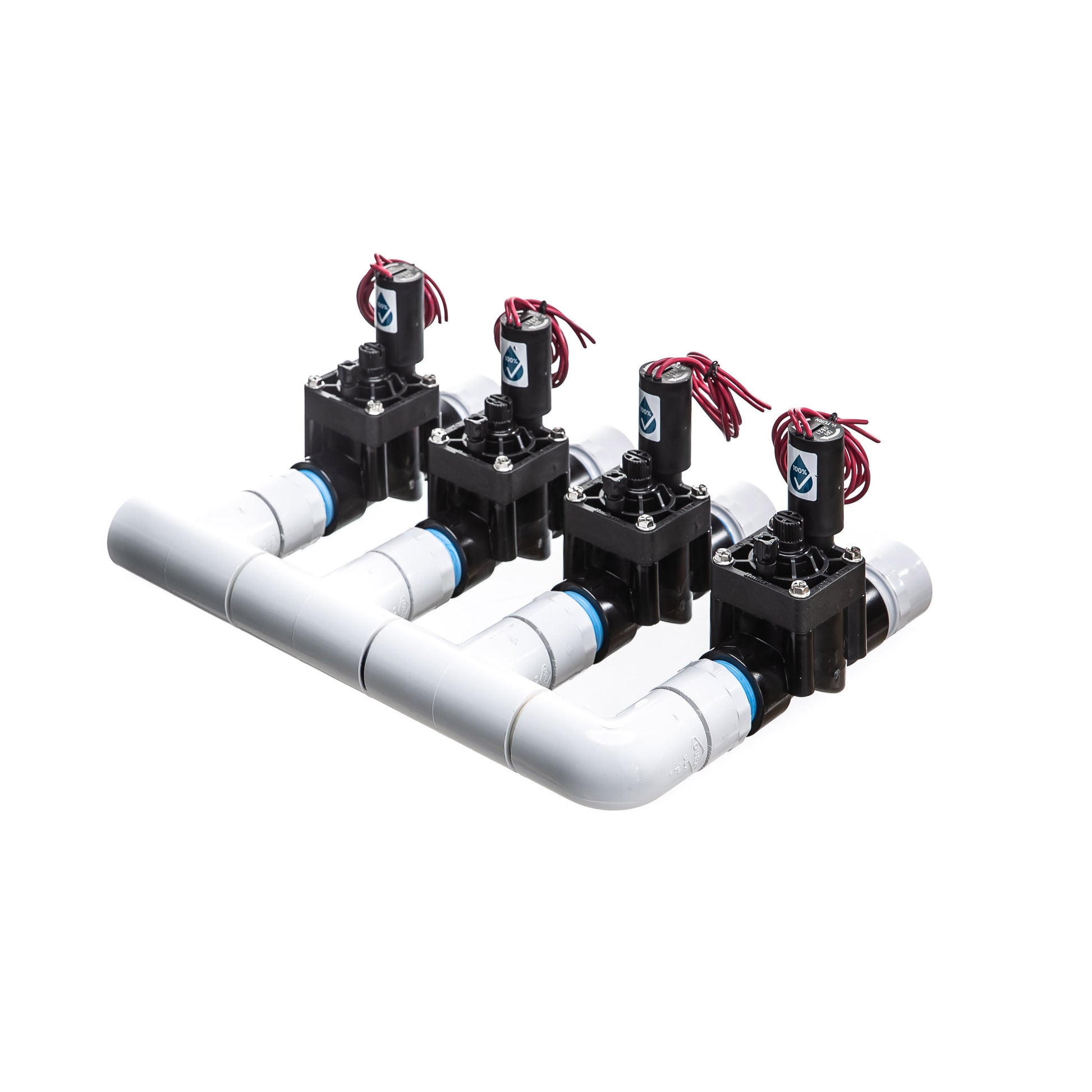 A rear view of the preassembled 4-Zone Complete Manifold with Hunter® PGV Valves with included silicone filled wire nuts.