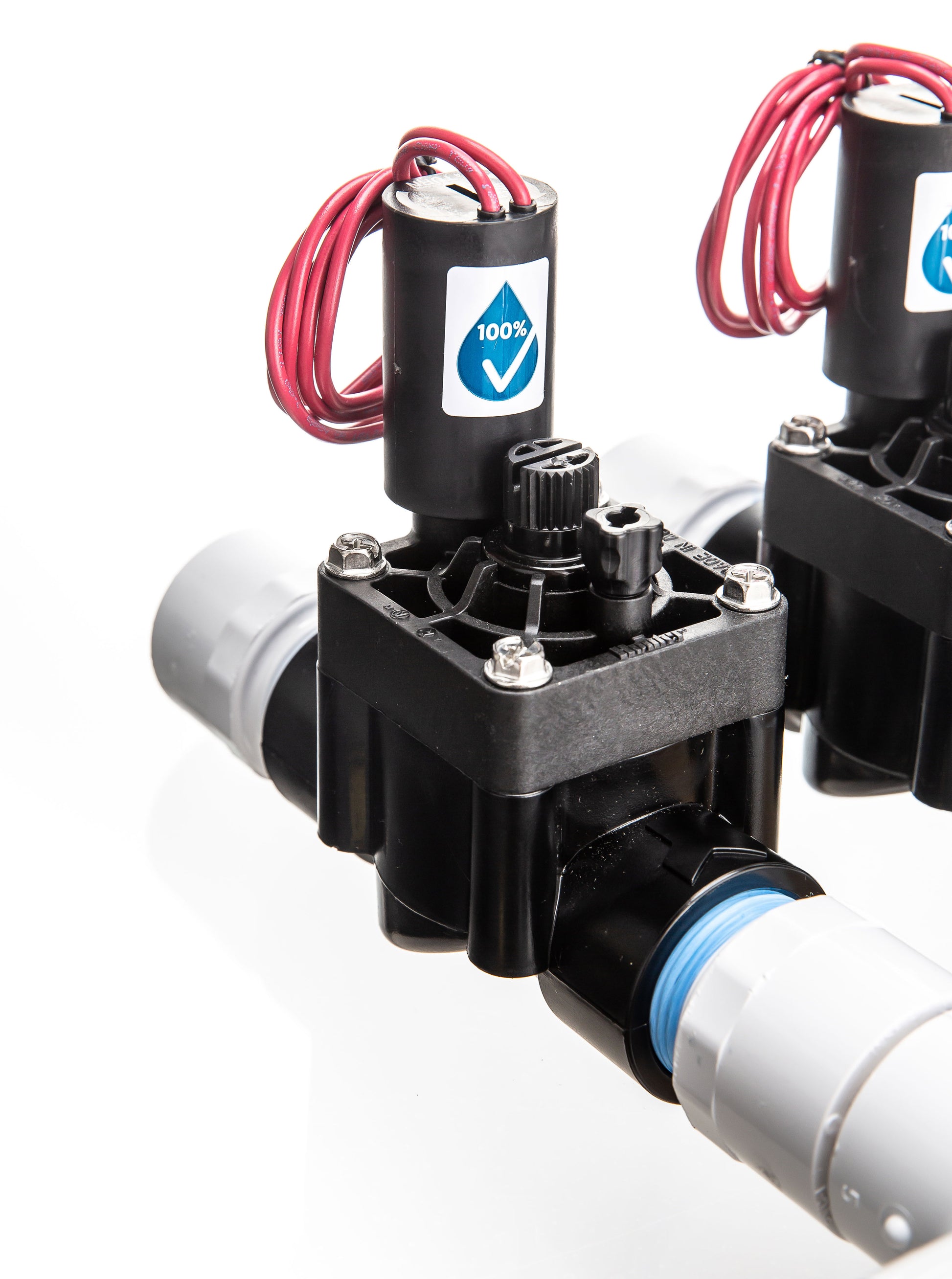 A closeup view of the preassembled 4-Zone Complete Manifold with Hunter® PGV Valves with included silicone filled wire nuts.
