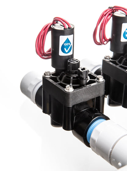 A closeup view of the preassembled 4-Zone Complete Manifold with Hunter® PGV Valves with included silicone filled wire nuts.