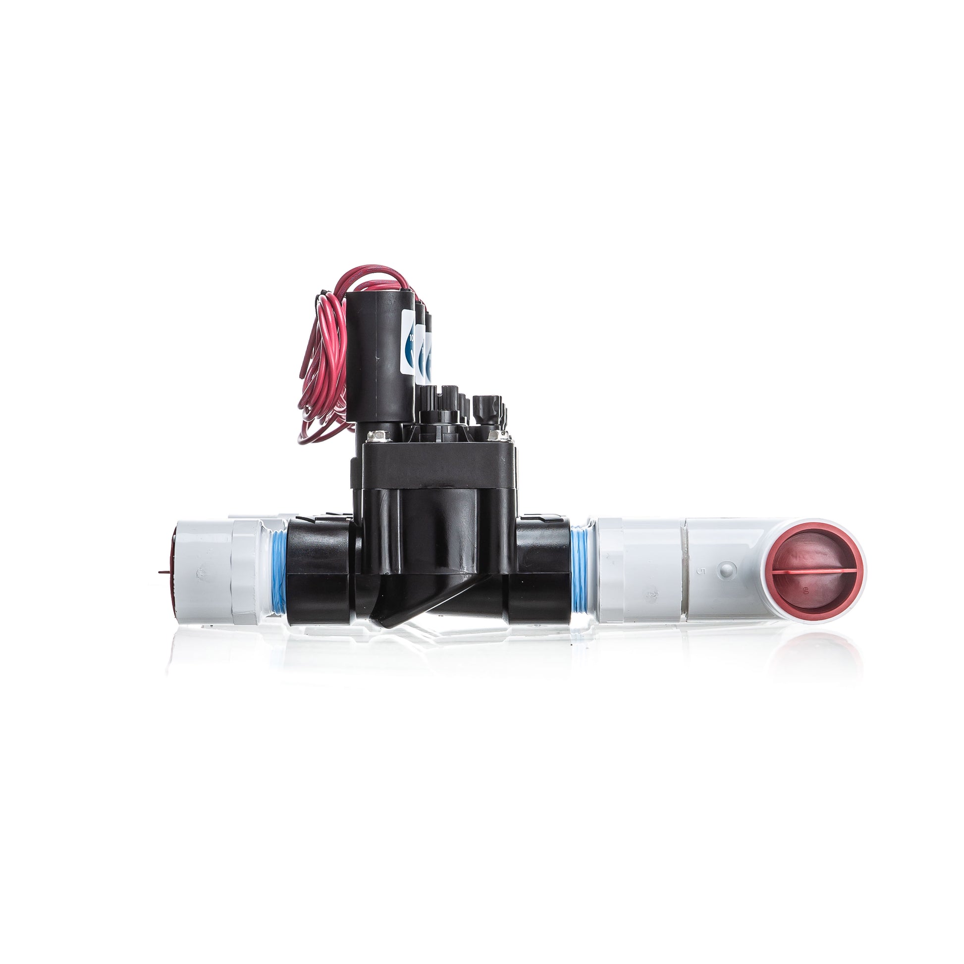 A side view of the preassembled 4-Zone Complete Manifold with Hunter® PGV Valves with included silicone filled wire nuts.