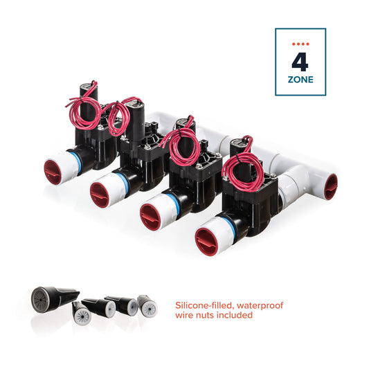 A full view of the preassembled 4-Zone Complete Manifold with Hunter® PGV Valves with included silicone filled wire nuts.