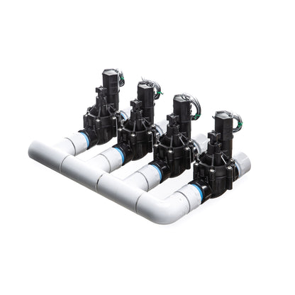 A rear view of the 4-Zone Complete Manifold with Rain Bird® DVF Valves with included silicone filled wire nuts. 