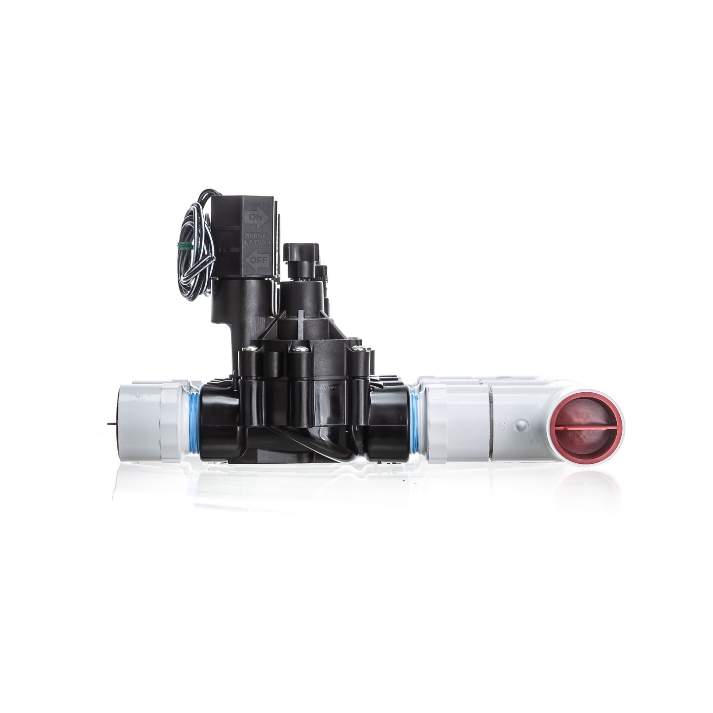 A side view of the 4-Zone Complete Manifold with Rain Bird® DVF Valves with included silicone filled wire nuts. 