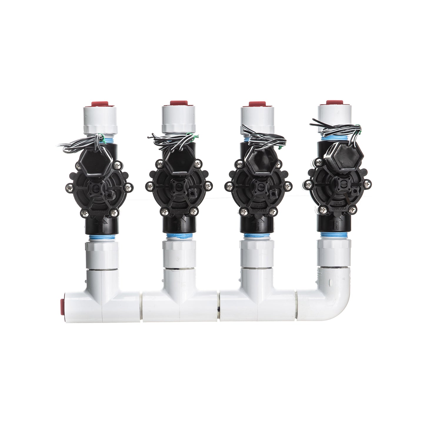A top view of the 4-Zone Complete Manifold with Rain Bird® DVF Valves with included silicone filled wire nuts. 