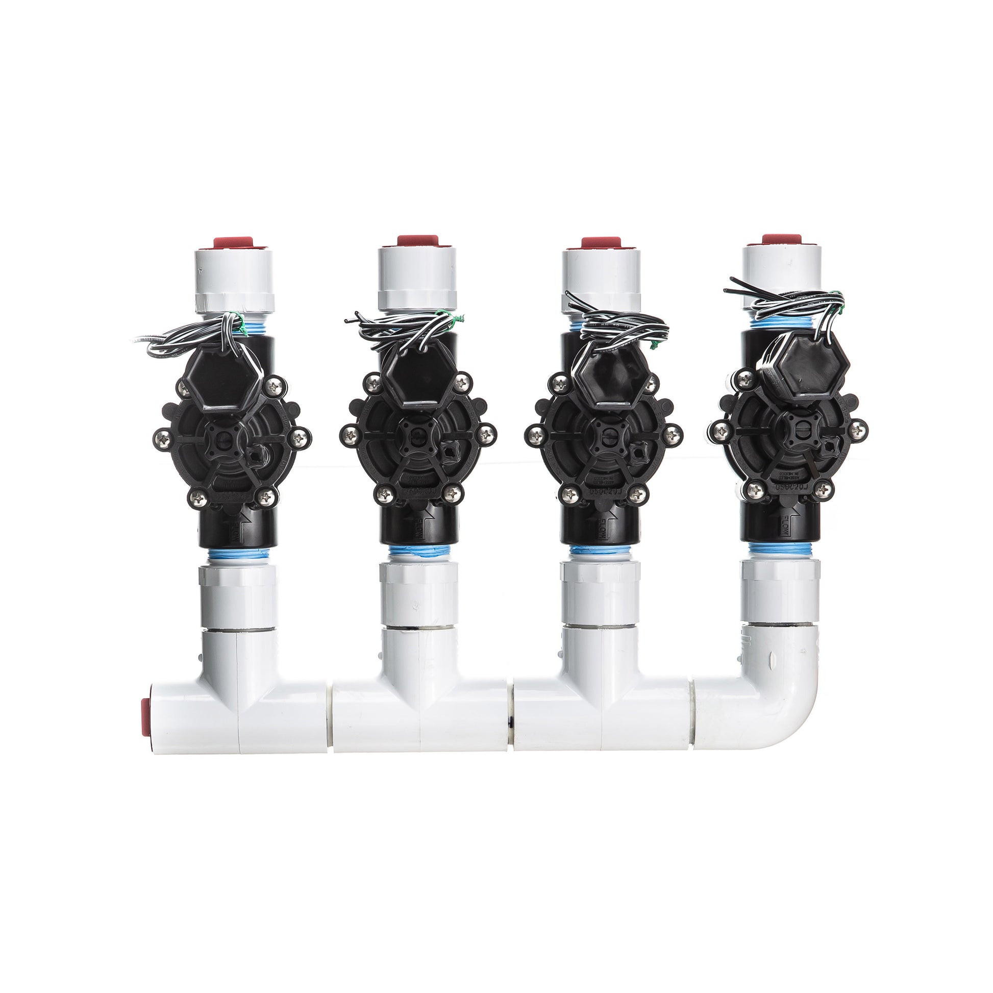 A top view of the 4-Zone Complete Manifold with Rain Bird® DVF Valves with included silicone filled wire nuts. 