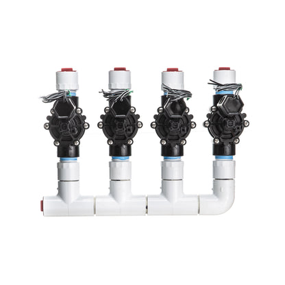 A top view of the 4-Zone Complete Manifold with Rain Bird® DVF Valves with included silicone filled wire nuts. 