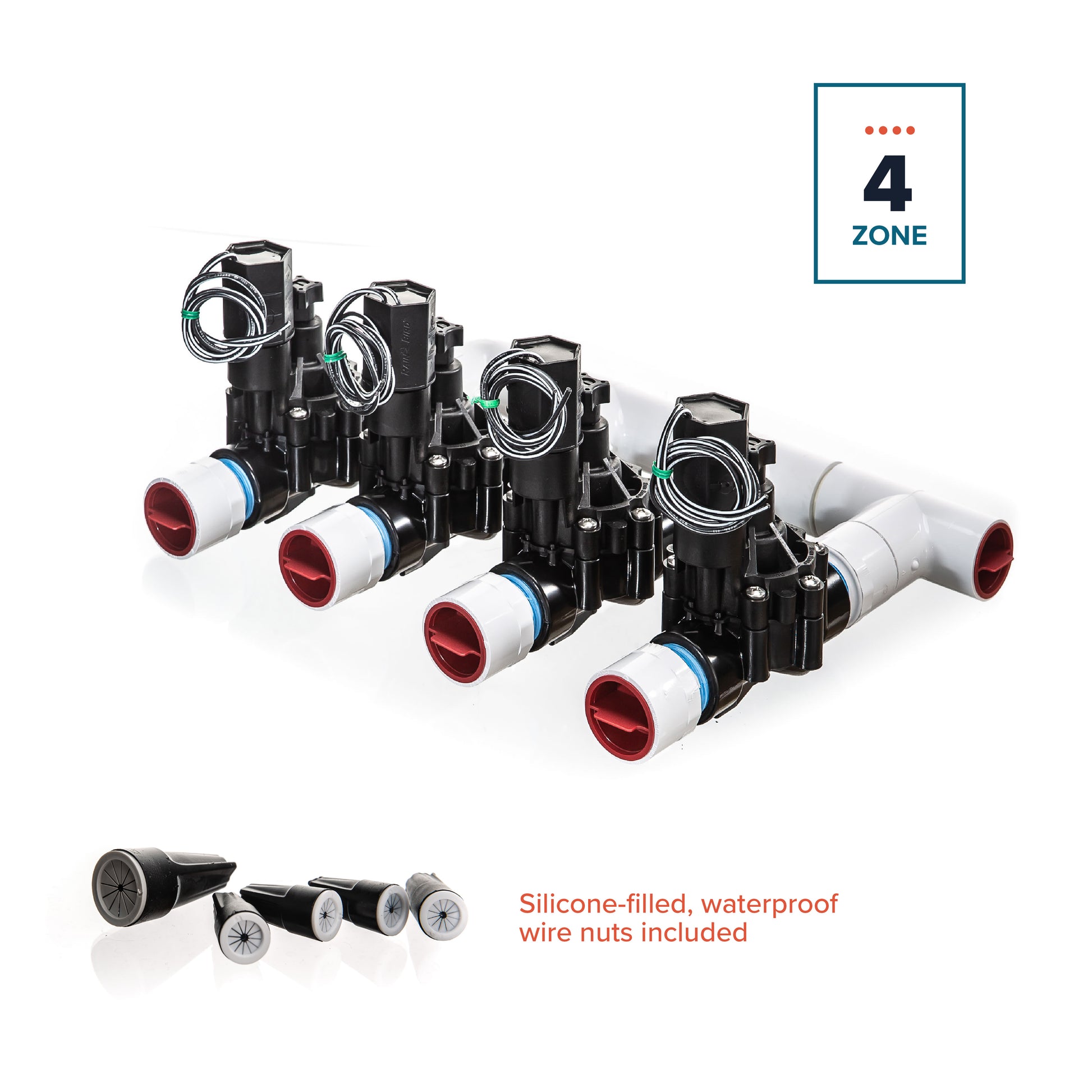 A full view of the 4-Zone Complete Manifold with Rain Bird® DVF Valves with included silicone filled wire nuts. 