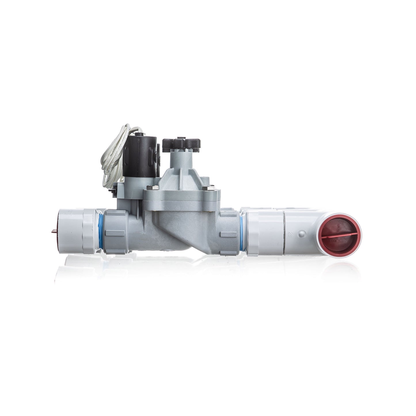 A full side view of the 4-zone Sprinkland preassembled sprinkler manifold with Weathermatic SB threaded valves, PVC construction, and silicone-filled waterproof wire nuts.