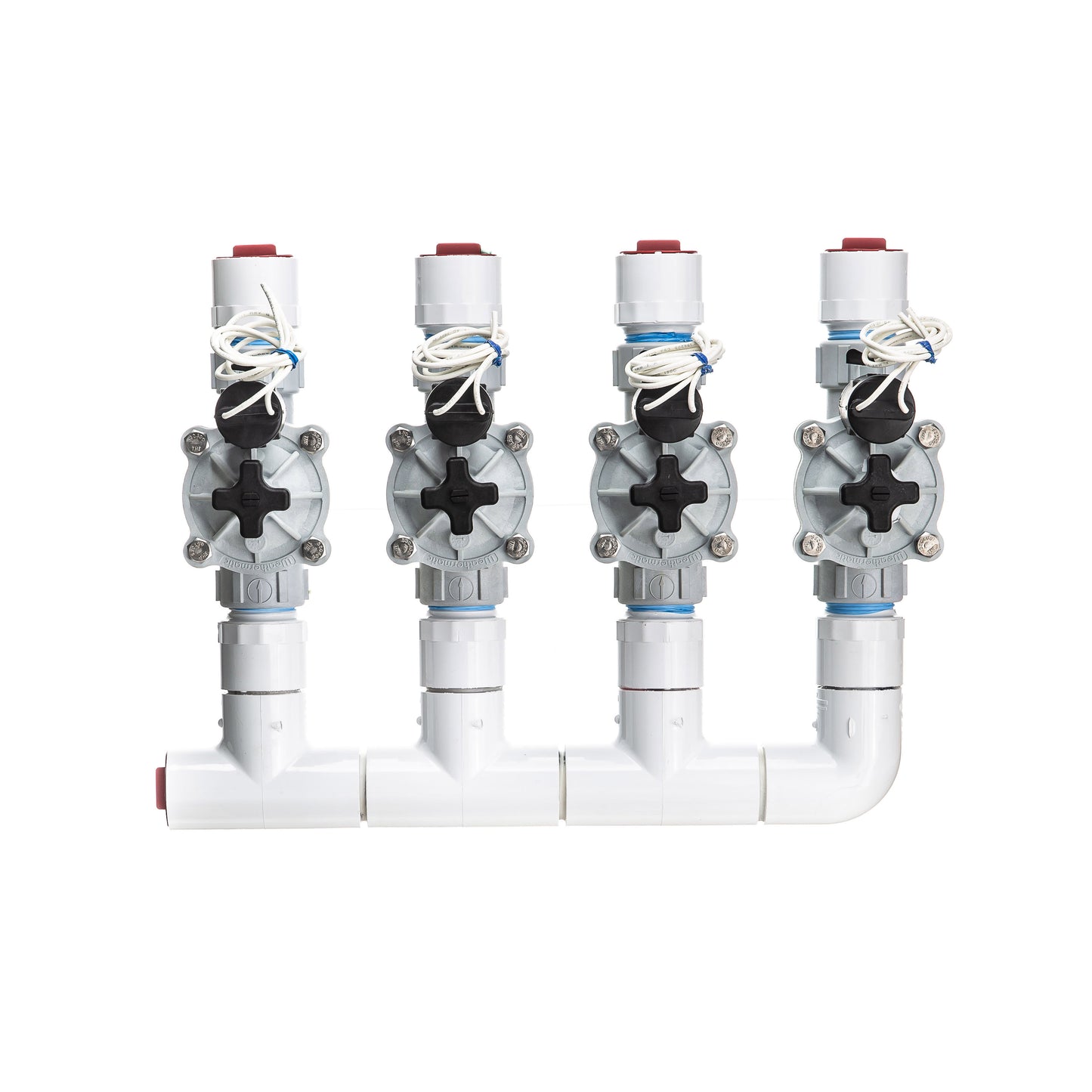 A full top view of the 4-zone Sprinkland preassembled sprinkler manifold with Weathermatic SB threaded valves, PVC construction, and silicone-filled waterproof wire nuts.