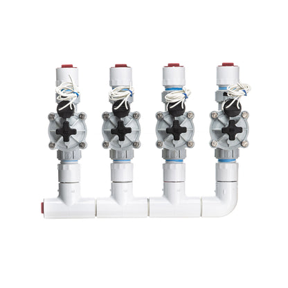 A full top view of the 4-zone Sprinkland preassembled sprinkler manifold with Weathermatic SB threaded valves, PVC construction, and silicone-filled waterproof wire nuts.
