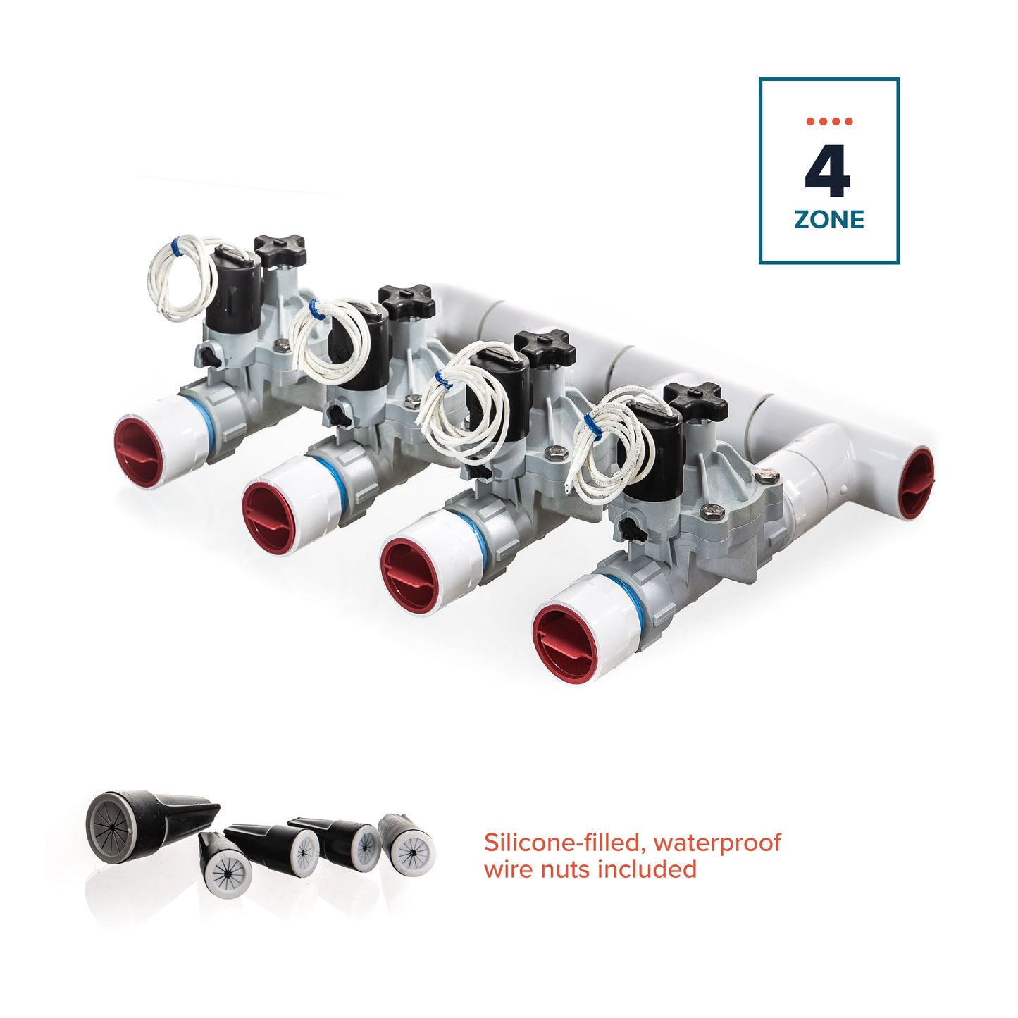 A overview of the 4-zone Sprinkland preassembled sprinkler manifold with Weathermatic SB threaded valves, PVC construction, and silicone-filled waterproof wire nuts.