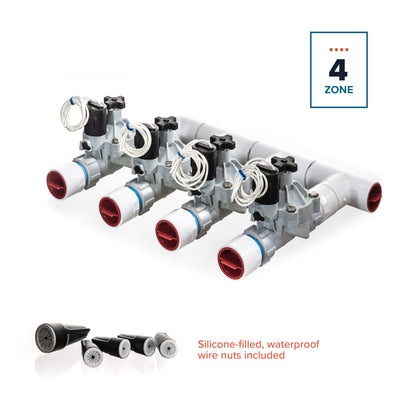 A overview of the 4-zone Sprinkland preassembled sprinkler manifold with Weathermatic SB threaded valves, PVC construction, and silicone-filled waterproof wire nuts.