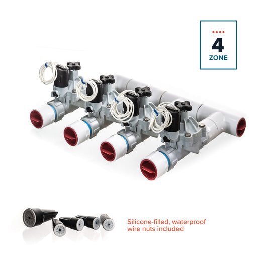 A overview of the 4-zone Sprinkland preassembled sprinkler manifold with Weathermatic SB threaded valves, PVC construction, and silicone-filled waterproof wire nuts.