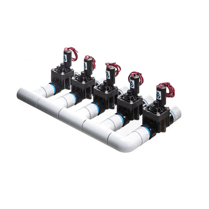 A rear view of the preassembled 5-Zone Complete Manifold with Hunter® PGV Valves with included silicone filled wire nuts.
