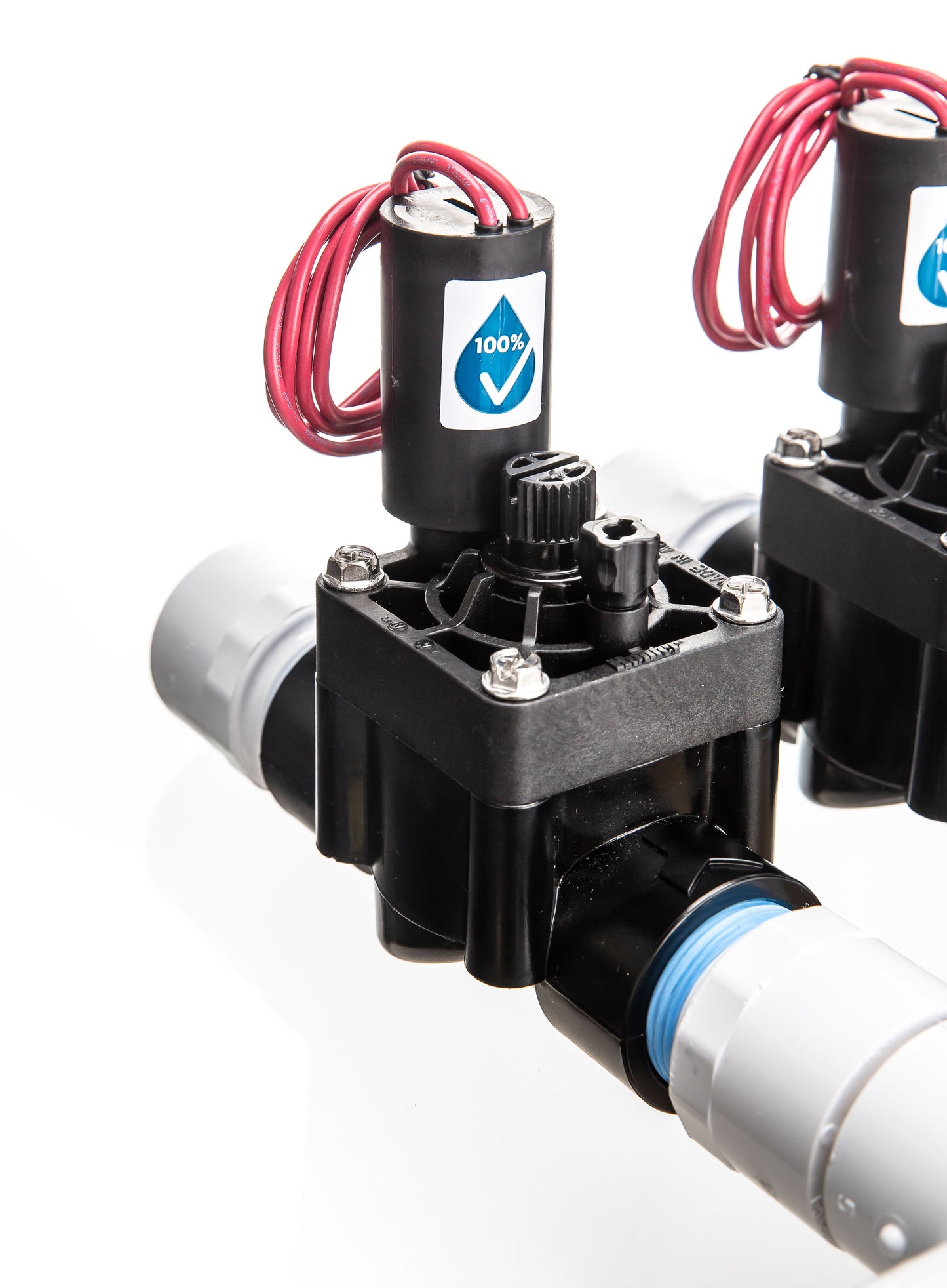 A close up view of the preassembled 5-Zone Complete Manifold with Hunter® PGV Valves with included silicone filled wire nuts.