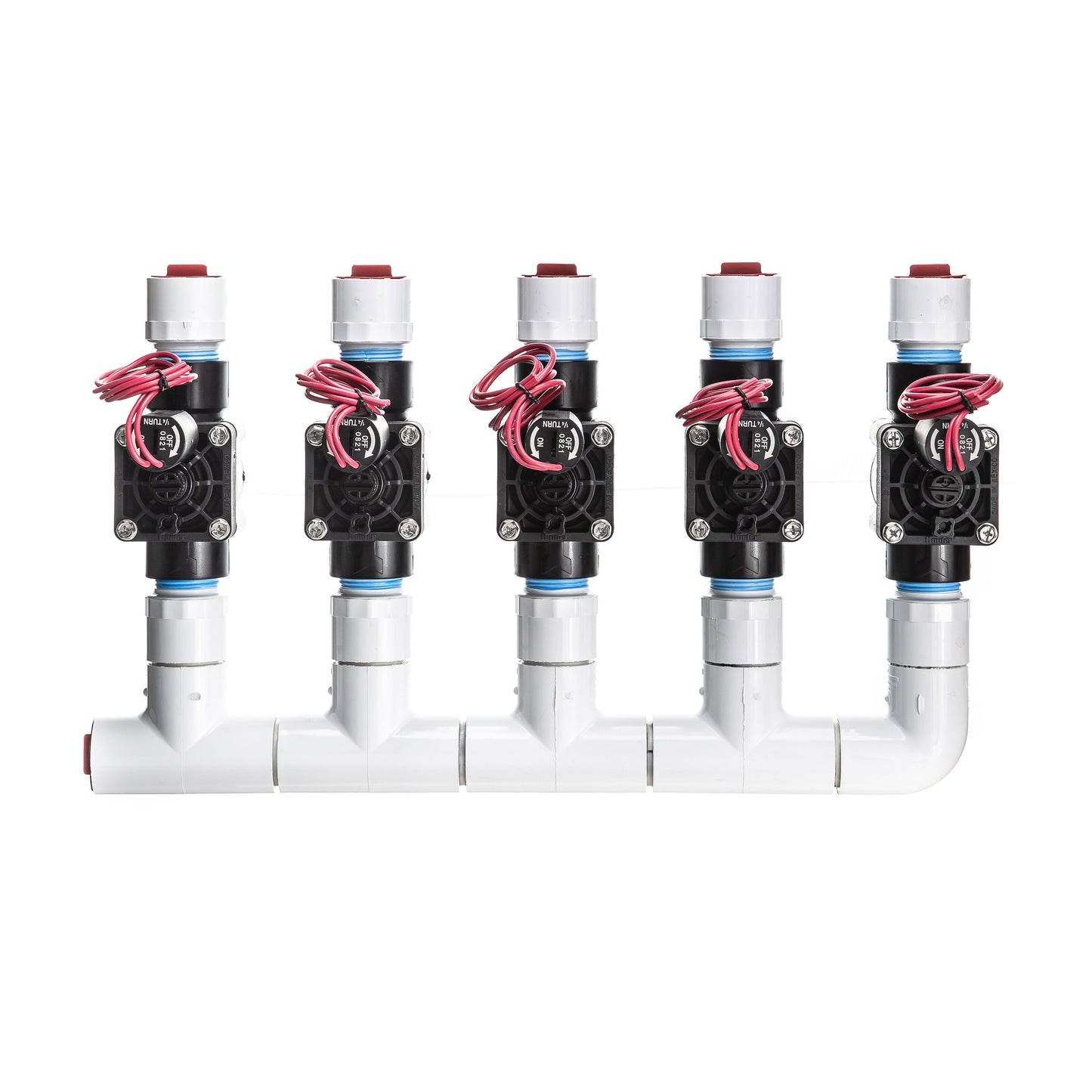 A top view of the preassembled 5-Zone Complete Manifold with Hunter® PGV Valves with included silicone filled wire nuts.