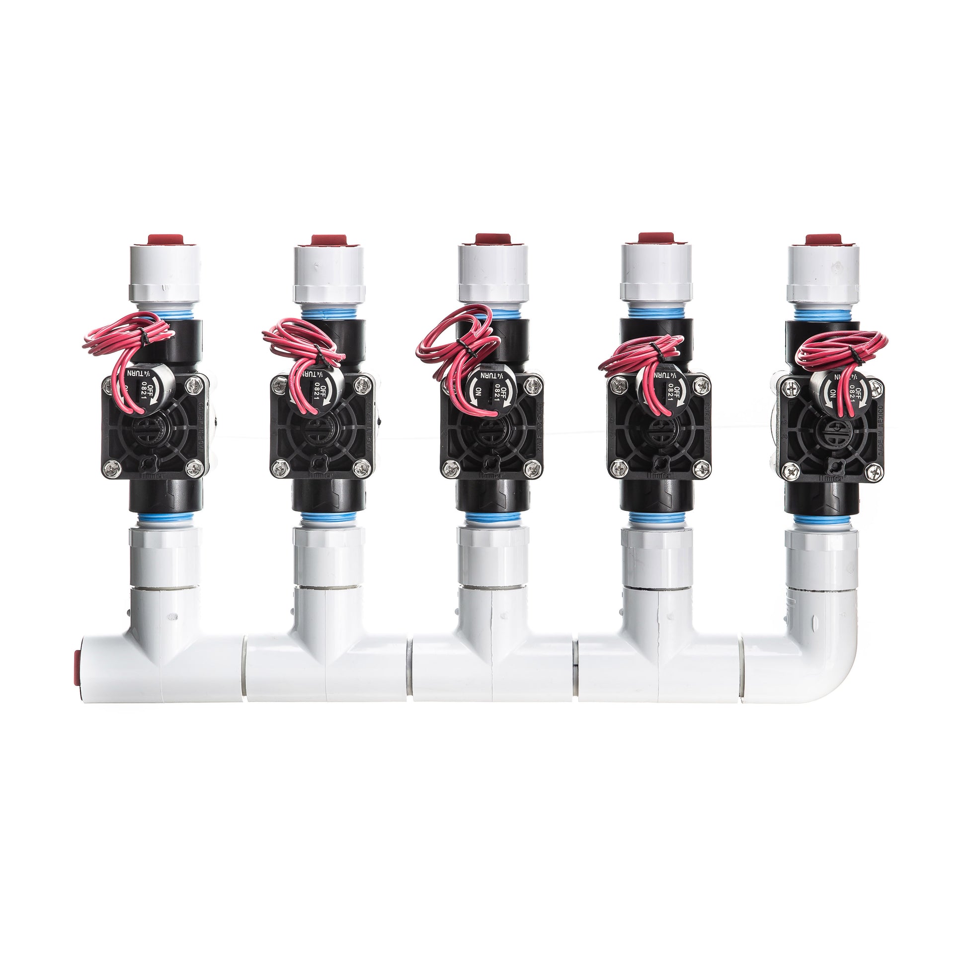 A top view of the preassembled 5-Zone Complete Manifold with Hunter® PGV Valves with included silicone filled wire nuts.