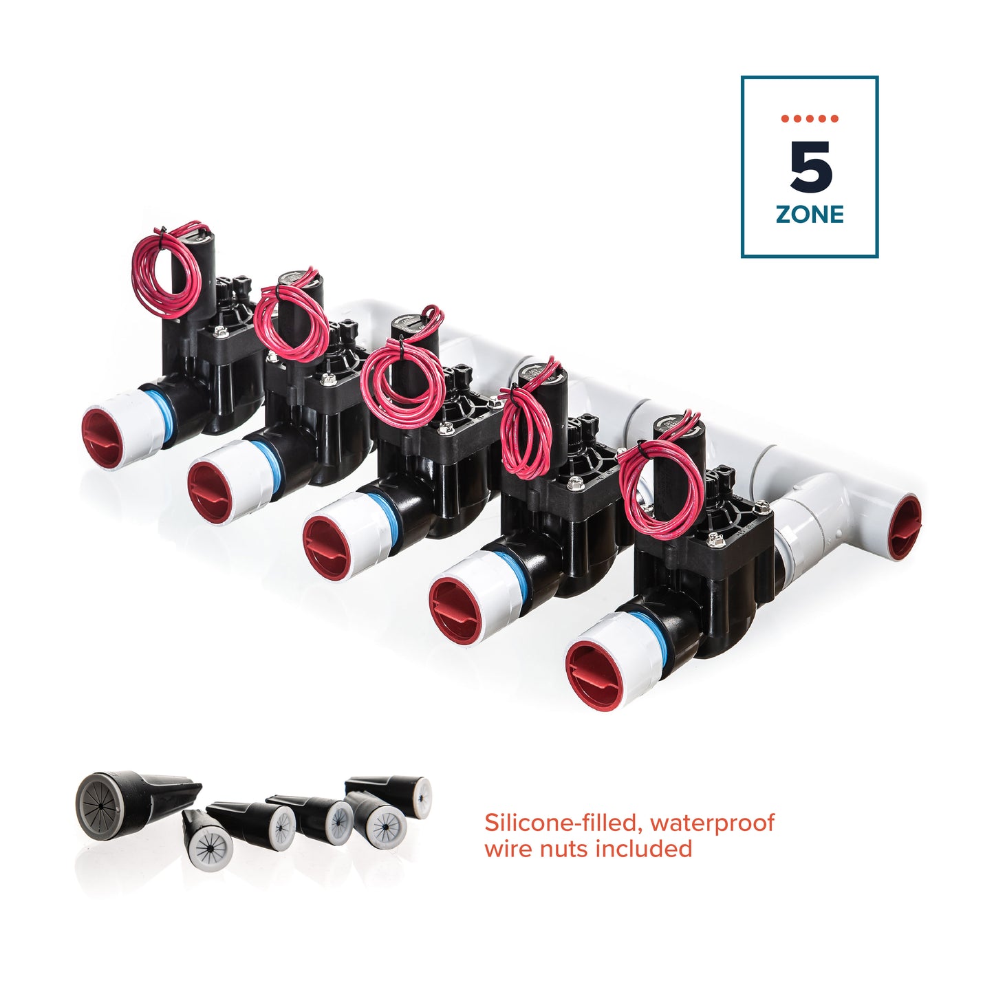 A full view of the preassembled 5-Zone Complete Manifold with Hunter® PGV Valves with included silicone filled wire nuts.