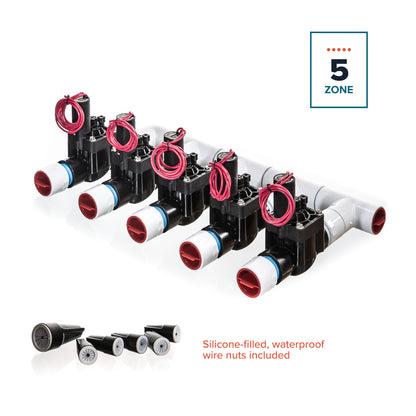A full view of the preassembled 5-Zone Complete Manifold with Hunter® PGV Valves with included silicone filled wire nuts.