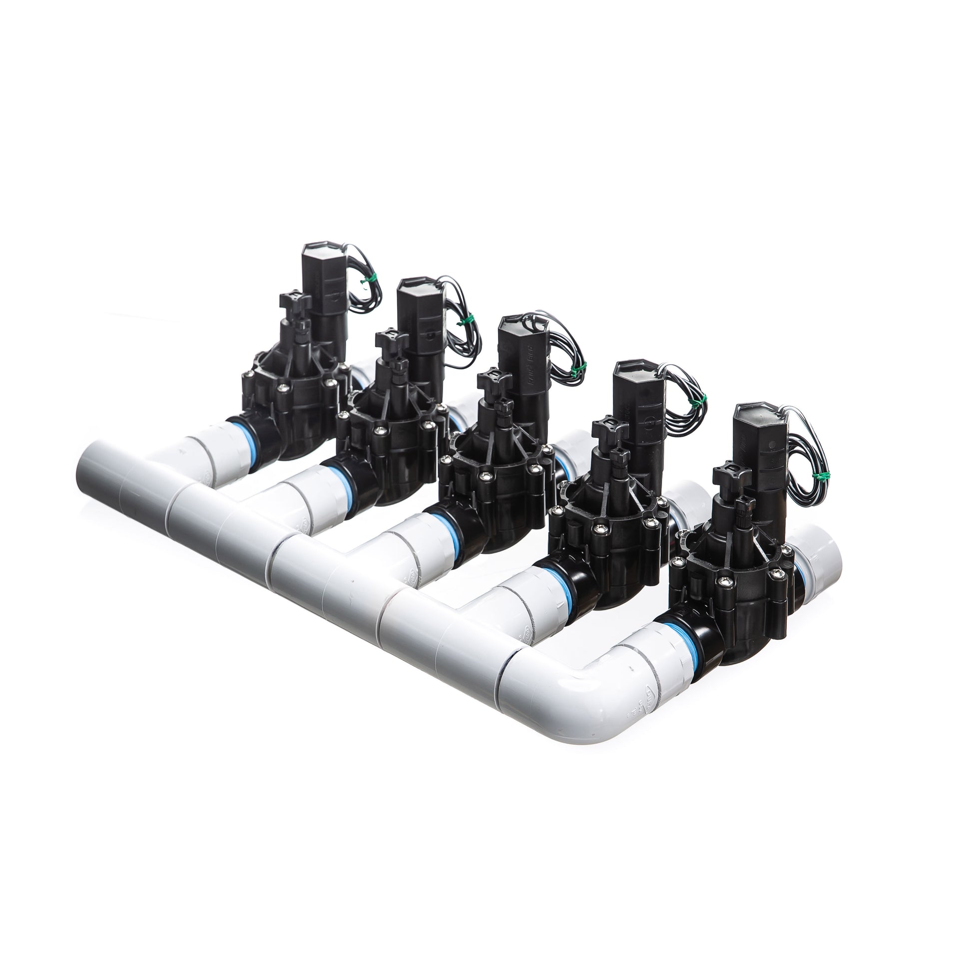 A rear view of the 5-Zone Complete Manifold with Rain Bird® DVF Valves with included silicone filled wire nuts. 