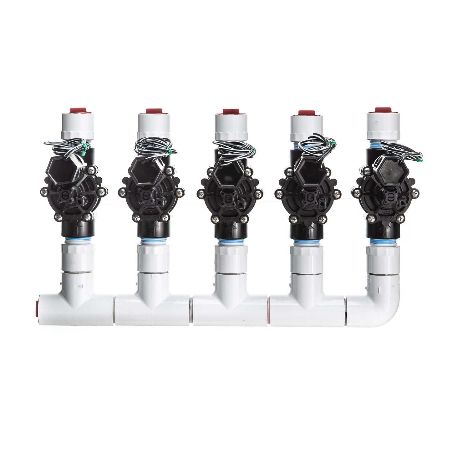 A top view of the 5-Zone Complete Manifold with Rain Bird® DVF Valves with included silicone filled wire nuts. 