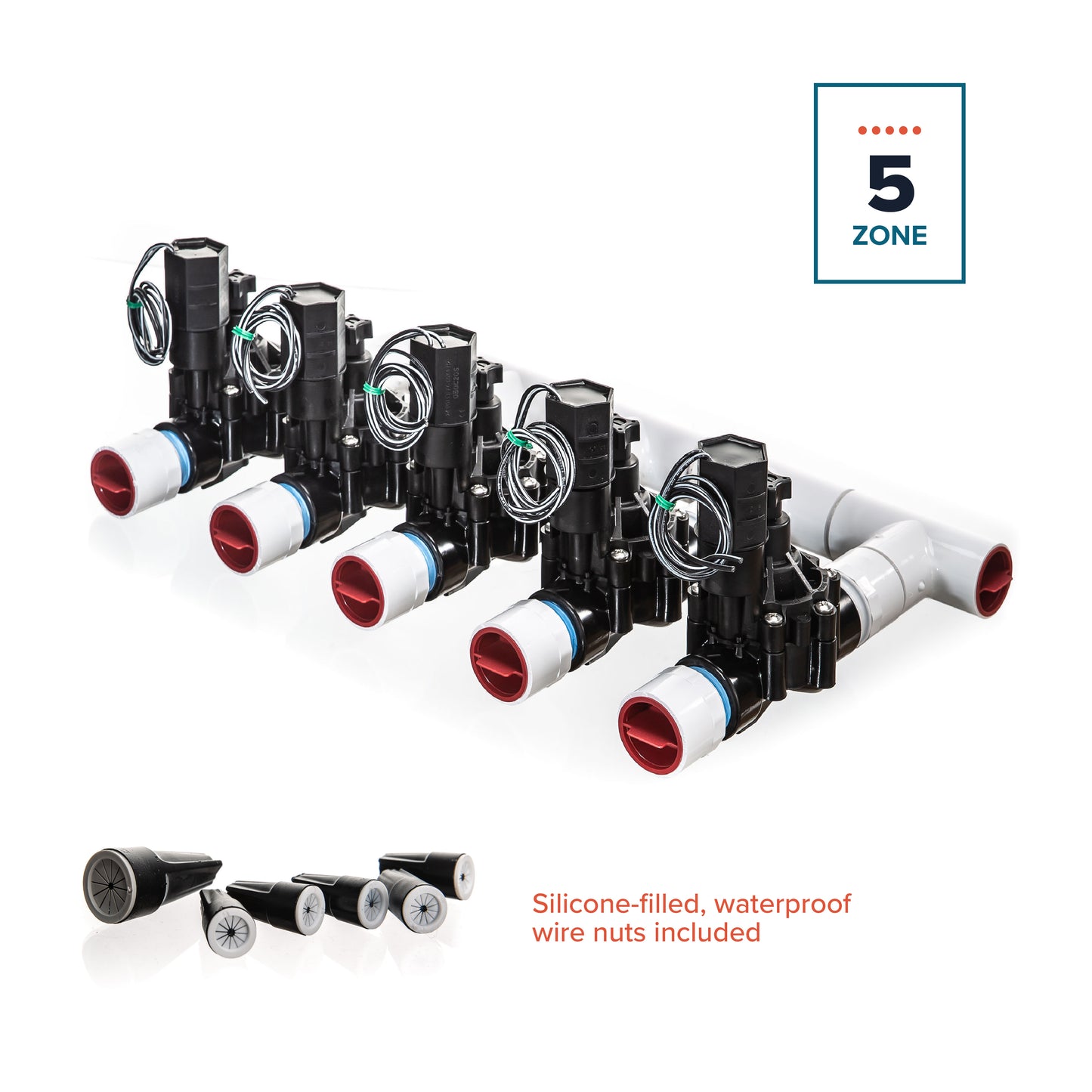A full view of the 5-Zone Complete Manifold with Rain Bird® DVF Valves with included silicone filled wire nuts. 
