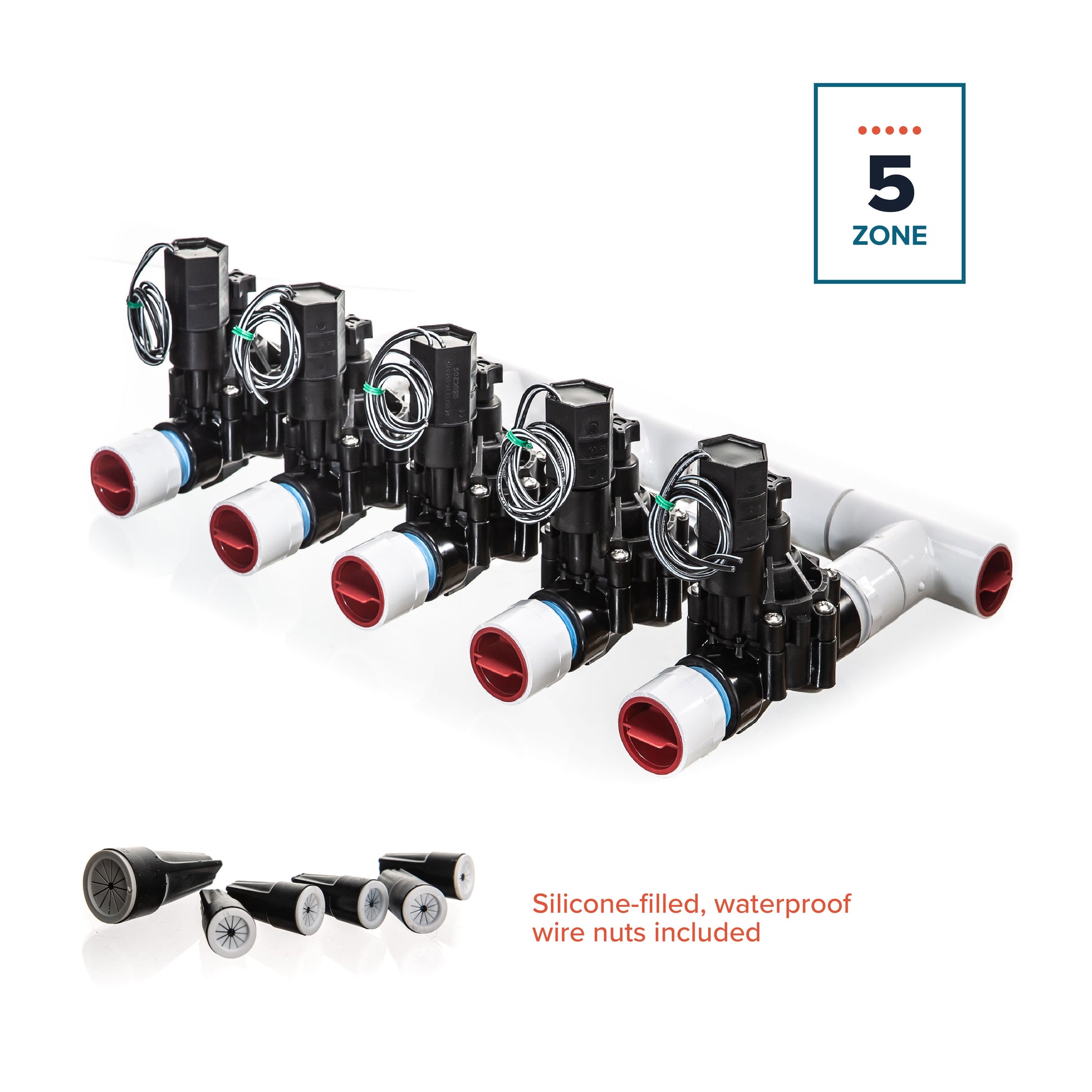 A full view of the 5-Zone Complete Manifold with Rain Bird® DVF Valves with included silicone filled wire nuts. 