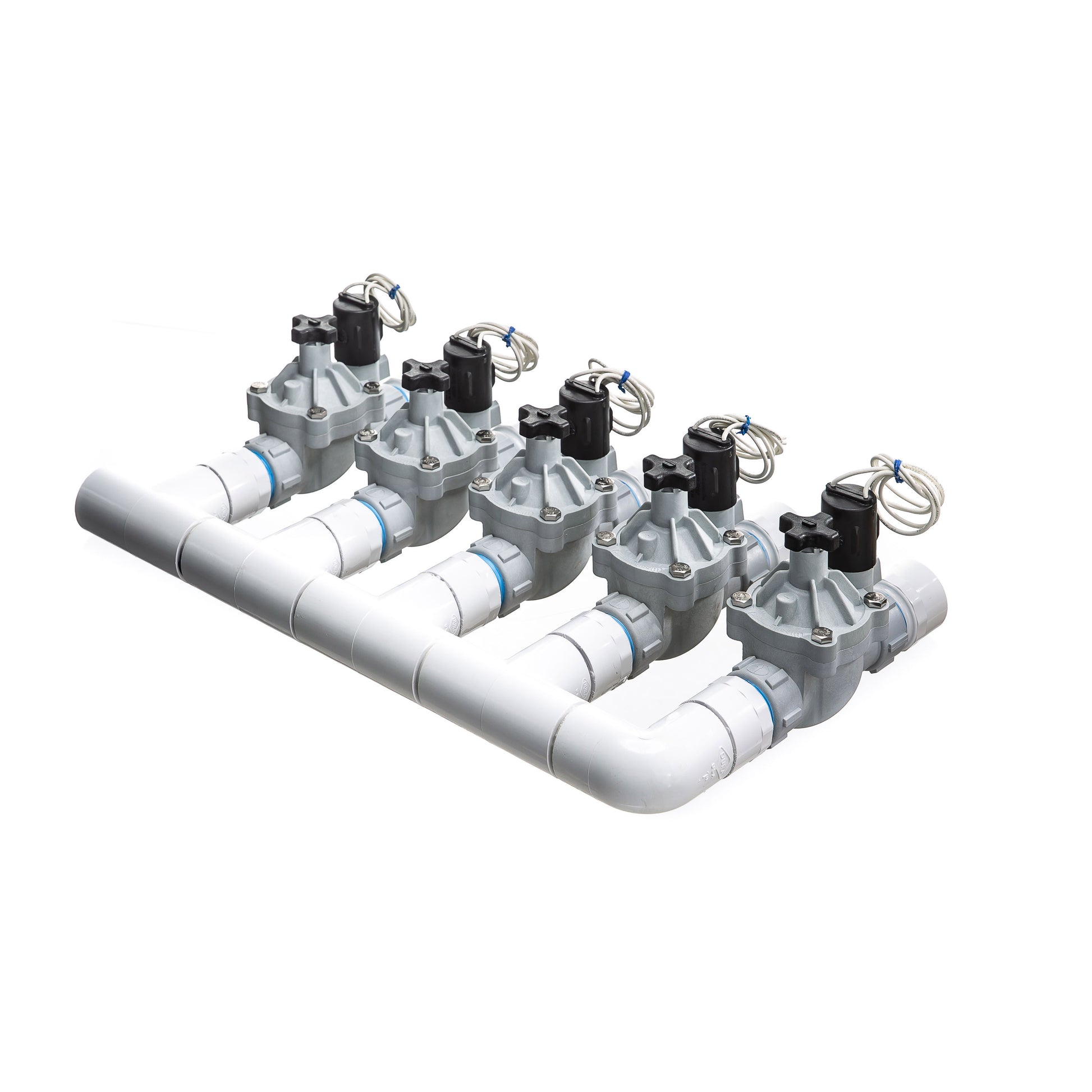 A rear view of the 5-zone Sprinkland preassembled sprinkler manifold with Weathermatic SB threaded valves, PVC construction, and silicone-filled waterproof wire nuts.