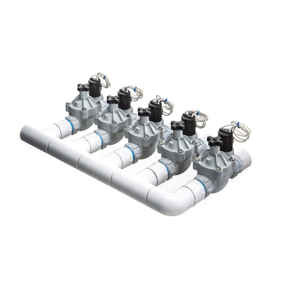 A rear view of the 5-zone Sprinkland preassembled sprinkler manifold with Weathermatic SB threaded valves, PVC construction, and silicone-filled waterproof wire nuts.