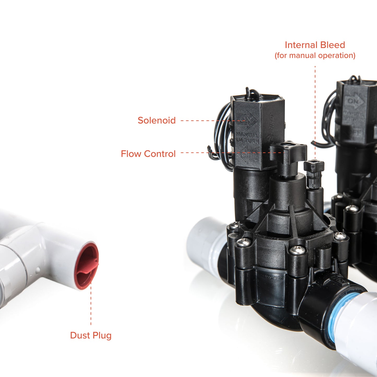 A detailed view of the 5-Zone Complete Manifold with Rain Bird® DVF Valves with included silicone filled wire nuts. 